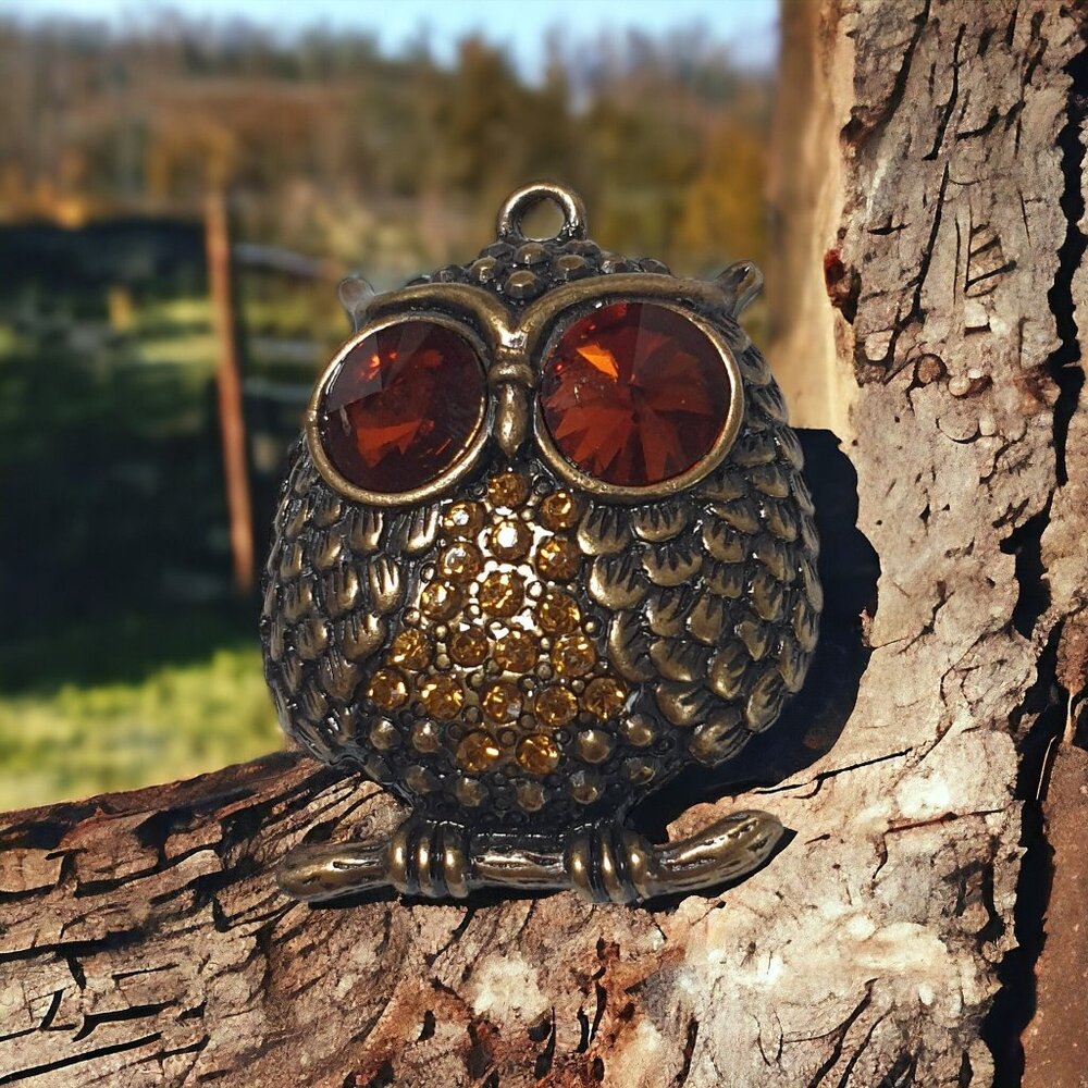 Rhinestone Owl 1.5" Necklace Pendant Orange Brass Tone Aviary Bird Collector